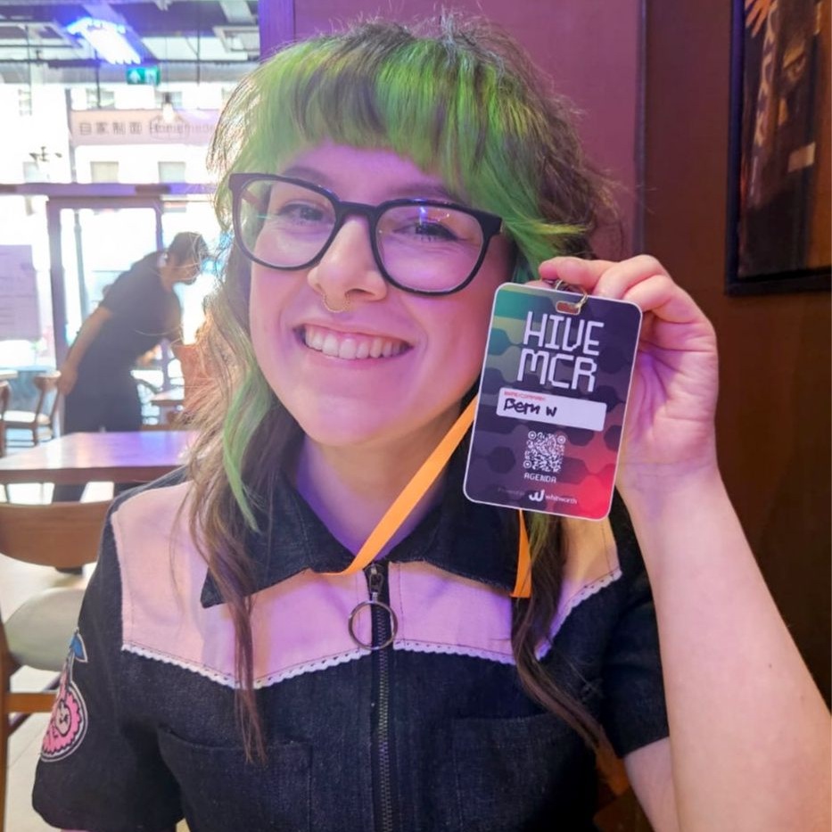 Beth at Hive MCR with a speaker badge